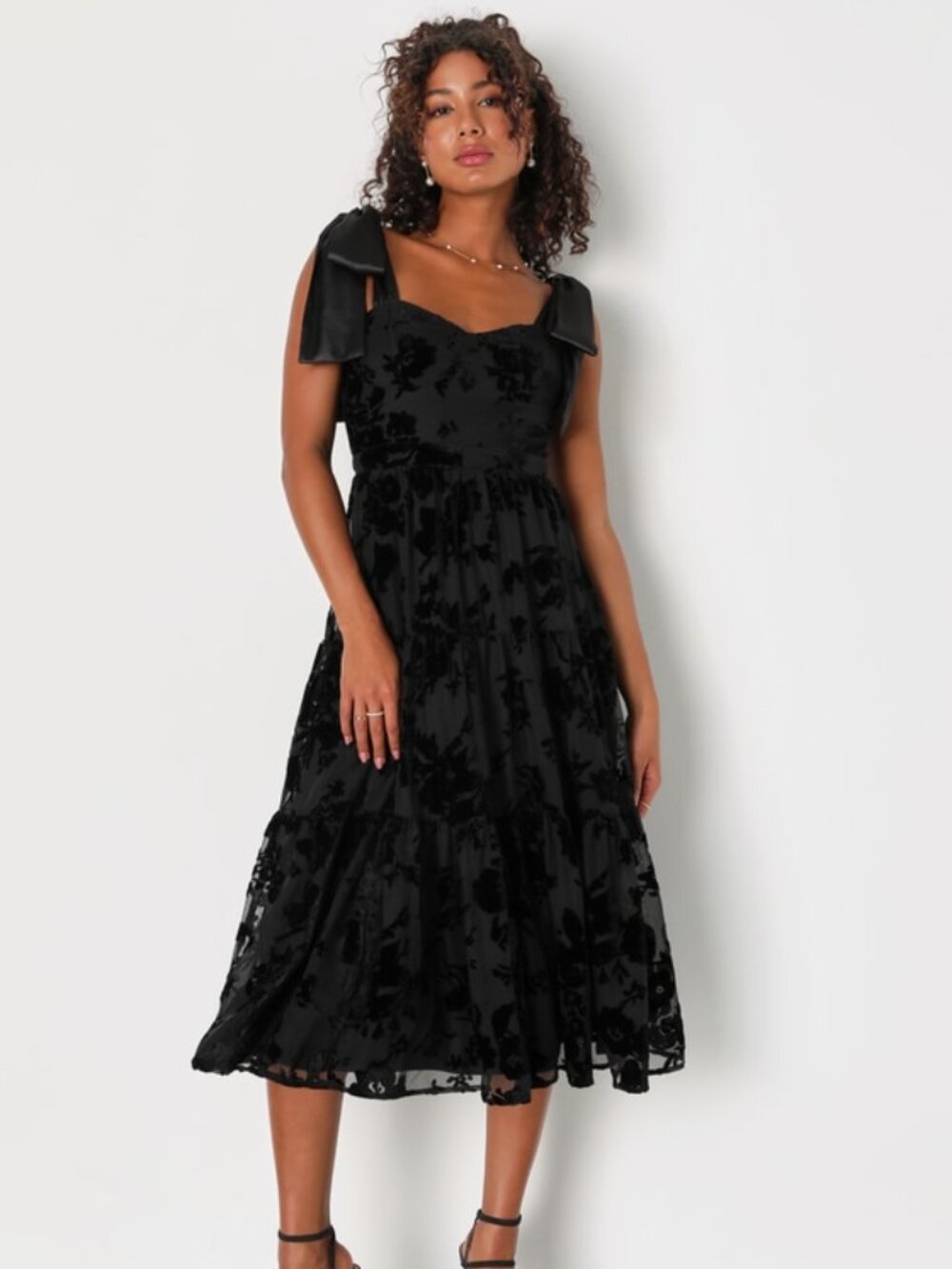 Lulus Sweet Essence Black Floral Burnout Velvet Tie-strap Midi Dress - Size M